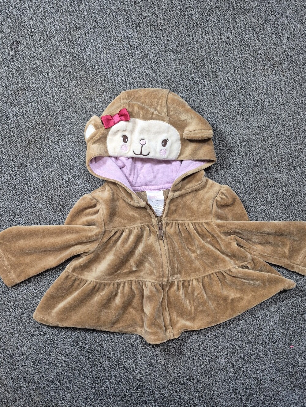 Gymboree Lamb Hooded Velour Zip Jacket 6-12 Months Brown Pink Animal Ears